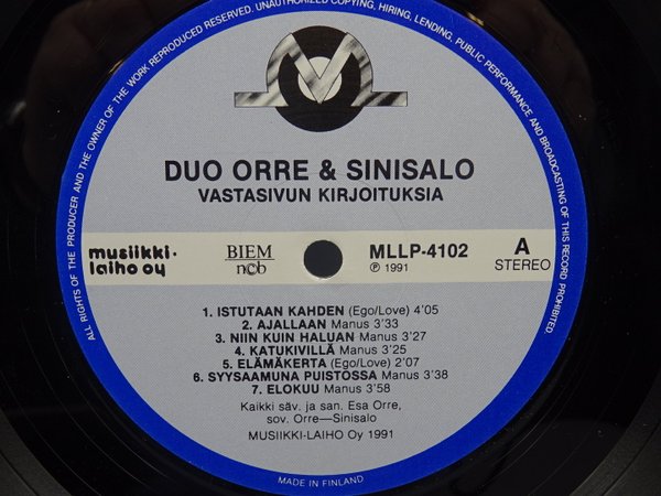 Duo Orre & Sinisalo ‎– Vastasivun Kirjoituksia LP